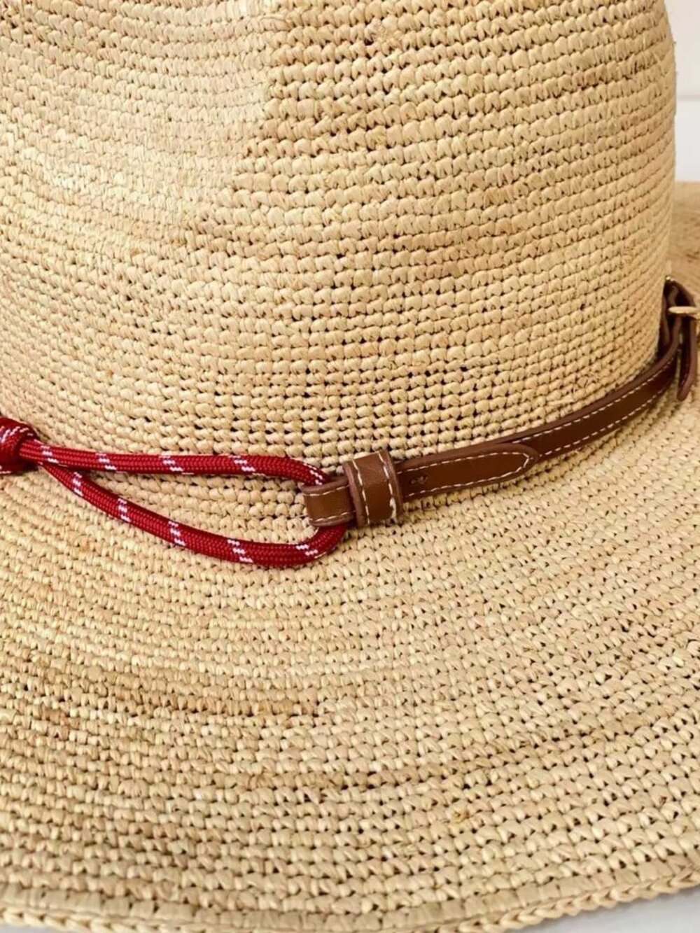 Miu Miu Raffia Wide Brim Cowboy Hat, Red Braided Strap Windproof Straw Sun Hat - Picture 3 of 9